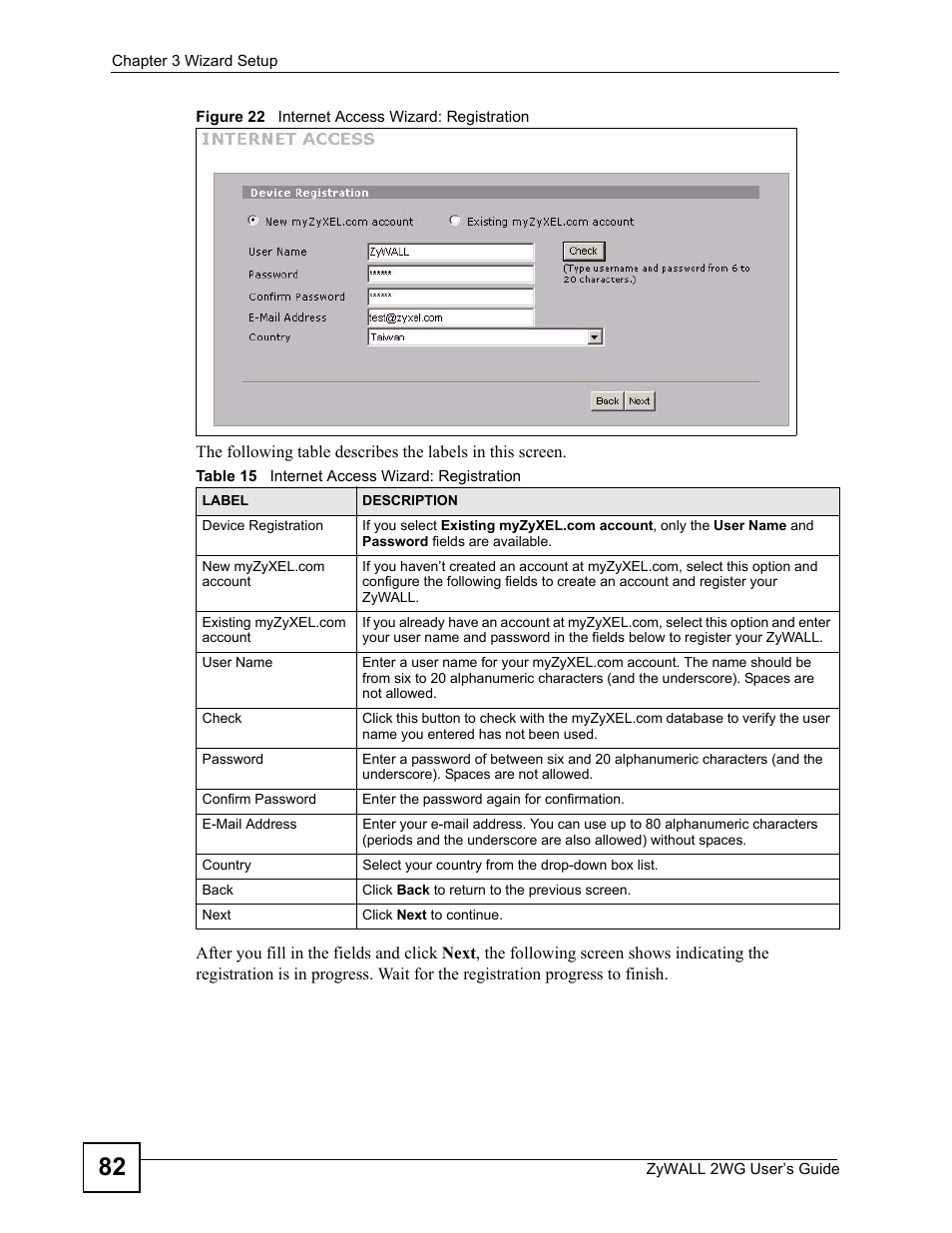 Figure 22 internet access wizard: registration, Table 15 internet access wizard: registration | ZyXEL Communications ZyXEL ZyWALL 2WG User Manual | Page 82 / 730