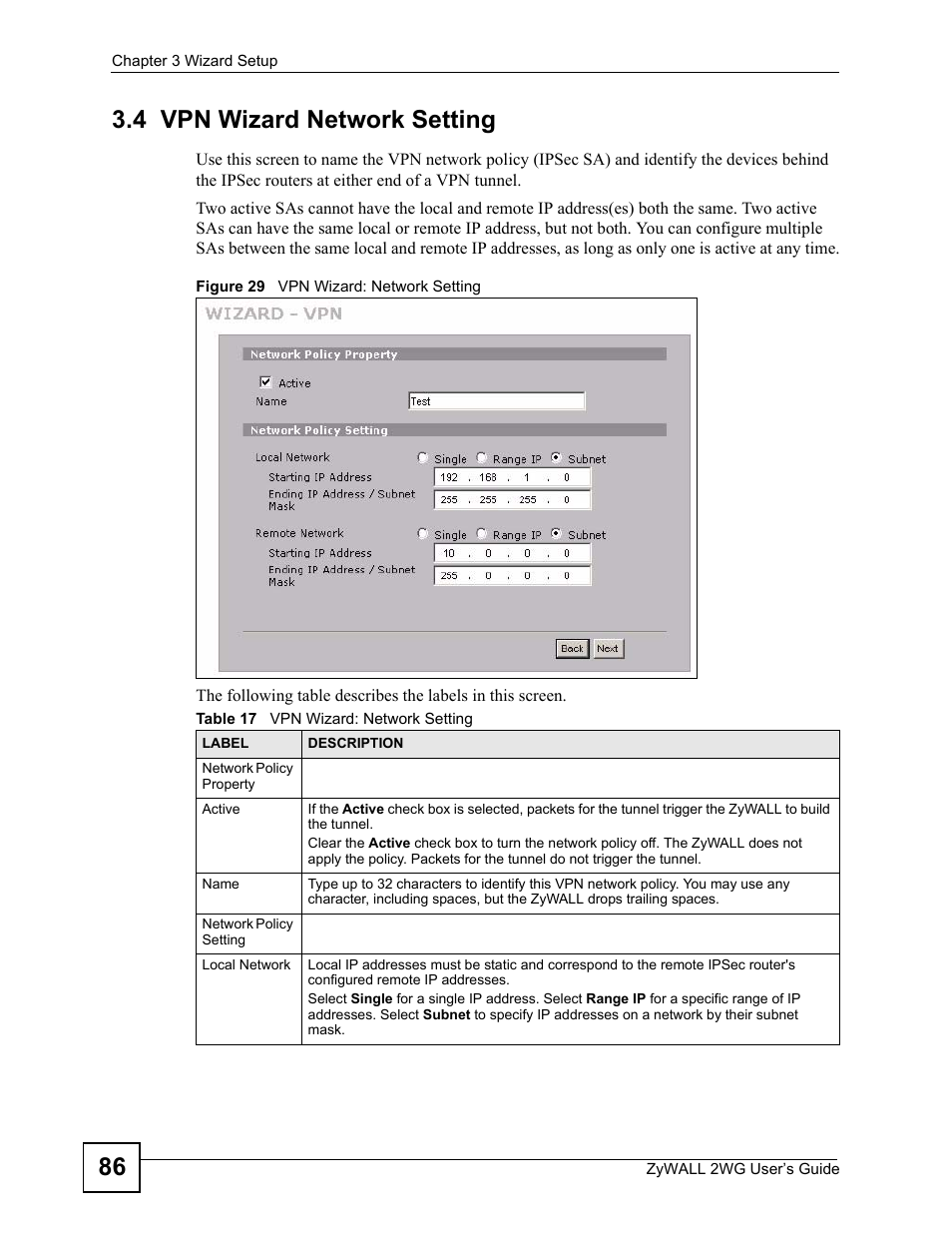 4 vpn wizard network setting, Figure 29 vpn wizard: network setting, Table 17 vpn wizard: network setting | 86 3.4 vpn wizard network setting | ZyXEL Communications ZyXEL ZyWALL 2WG User Manual | Page 86 / 730