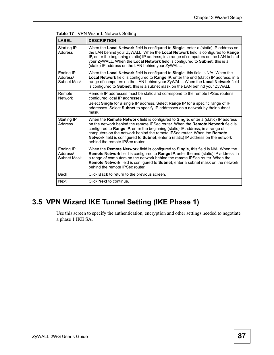 5 vpn wizard ike tunnel setting (ike phase 1) | ZyXEL Communications ZyXEL ZyWALL 2WG User Manual | Page 87 / 730