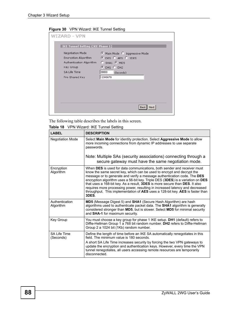 Figure 30 vpn wizard: ike tunnel setting, Table 18 vpn wizard: ike tunnel setting | ZyXEL Communications ZyXEL ZyWALL 2WG User Manual | Page 88 / 730