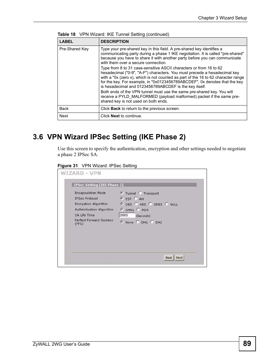 6 vpn wizard ipsec setting (ike phase 2), Figure 31 vpn wizard: ipsec setting | ZyXEL Communications ZyXEL ZyWALL 2WG User Manual | Page 89 / 730