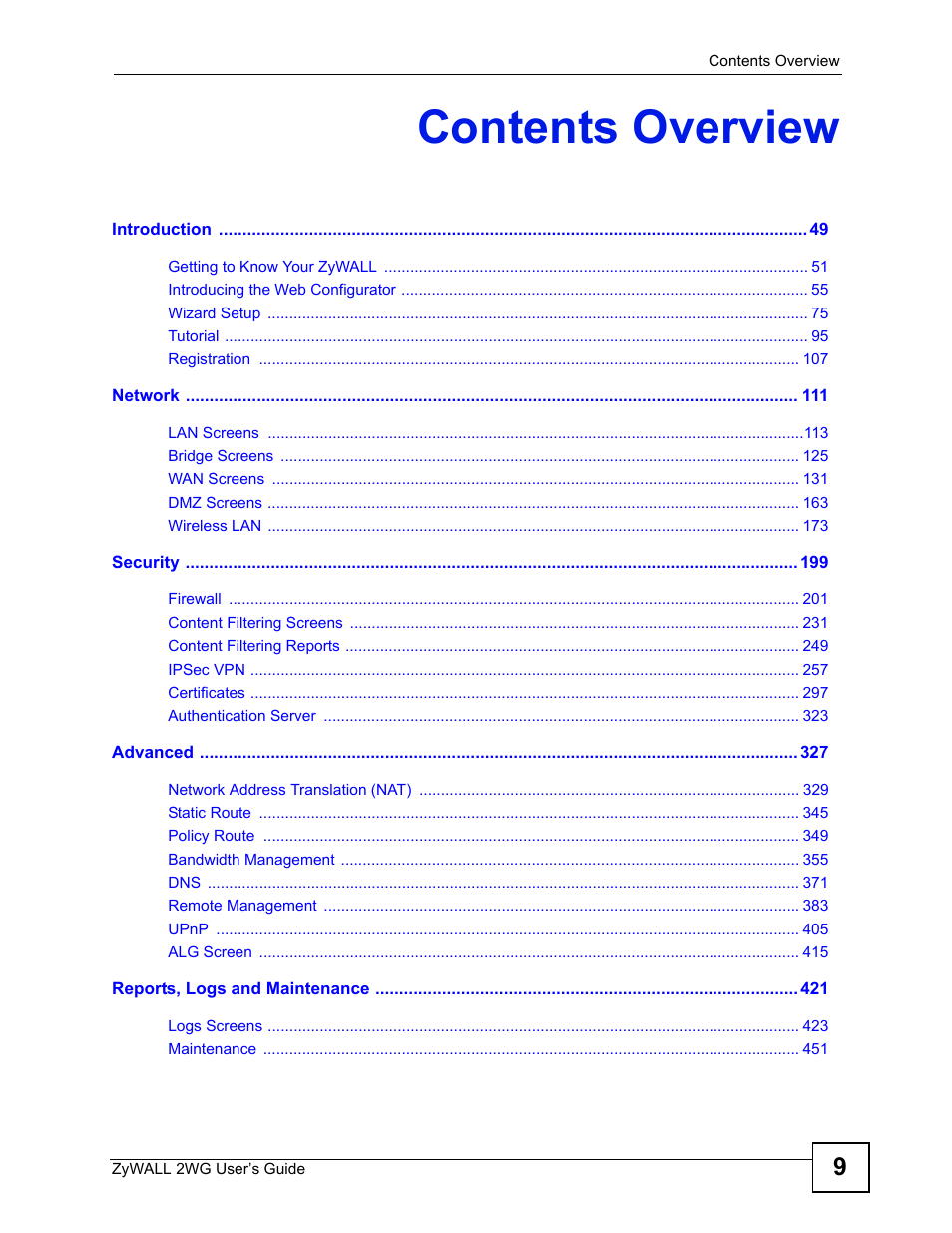 Contents overview | ZyXEL Communications ZyXEL ZyWALL 2WG User Manual | Page 9 / 730