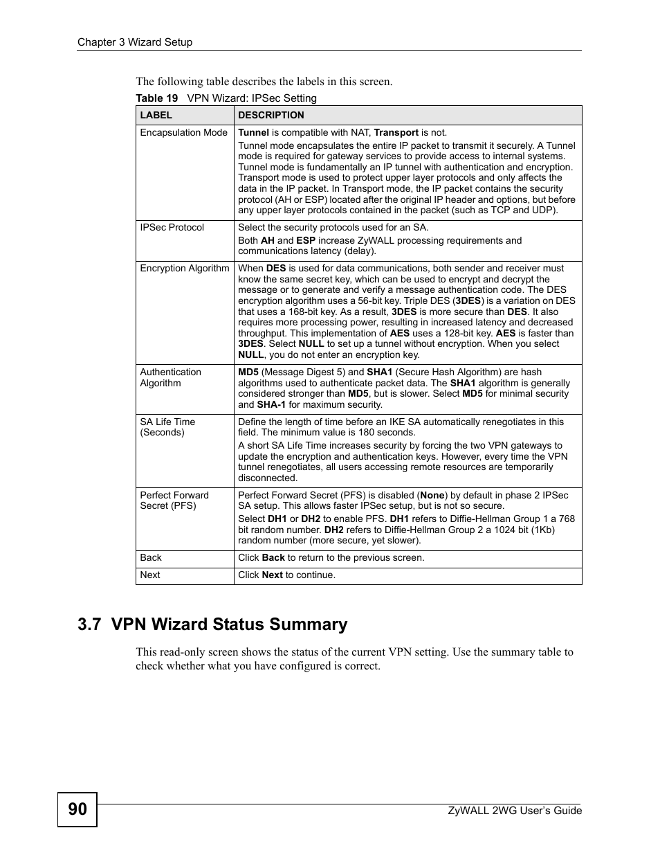 7 vpn wizard status summary, Table 19 vpn wizard: ipsec setting | ZyXEL Communications ZyXEL ZyWALL 2WG User Manual | Page 90 / 730