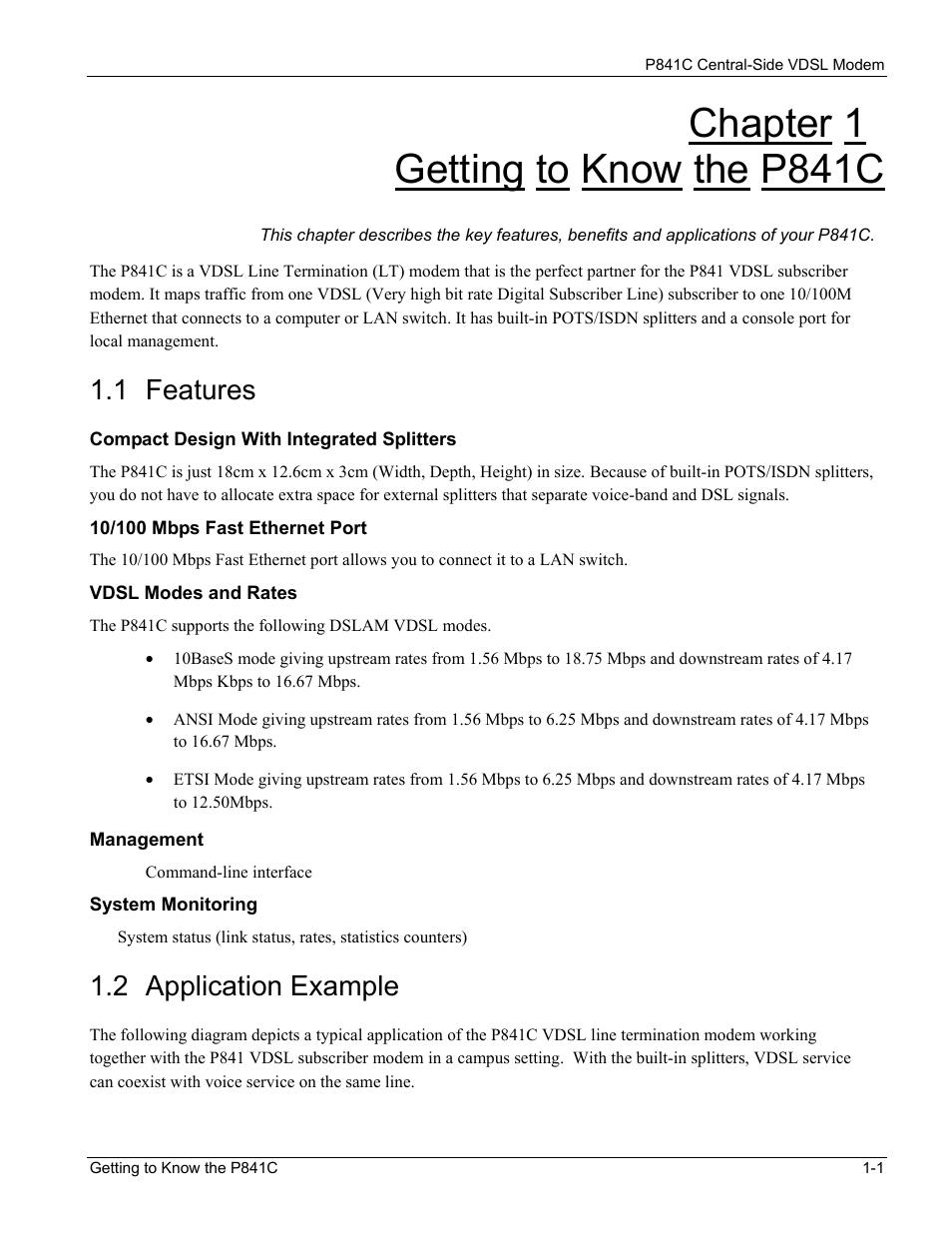 Getting to know the p841c, Features, Application example | Chapter 1 getting to know the p841c, 1 features, 2 application example | ZyXEL Communications P841C User Manual | Page 11 / 41