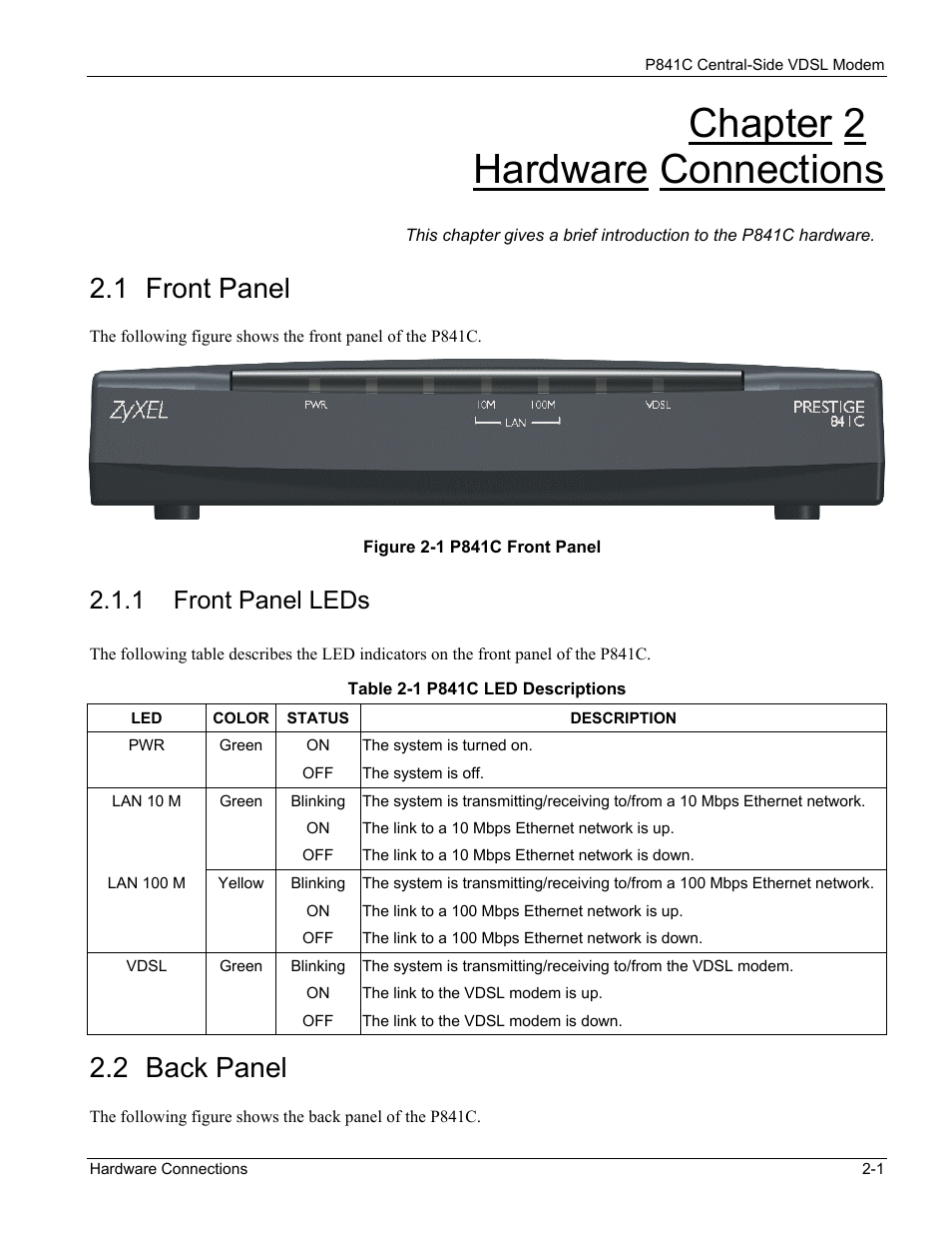 Hardware connections, Front panel, Front panel leds | Back panel, Chapter 2 hardware connections, 1 front panel, 2 back panel, 1 front panel leds | ZyXEL Communications P841C User Manual | Page 13 / 41