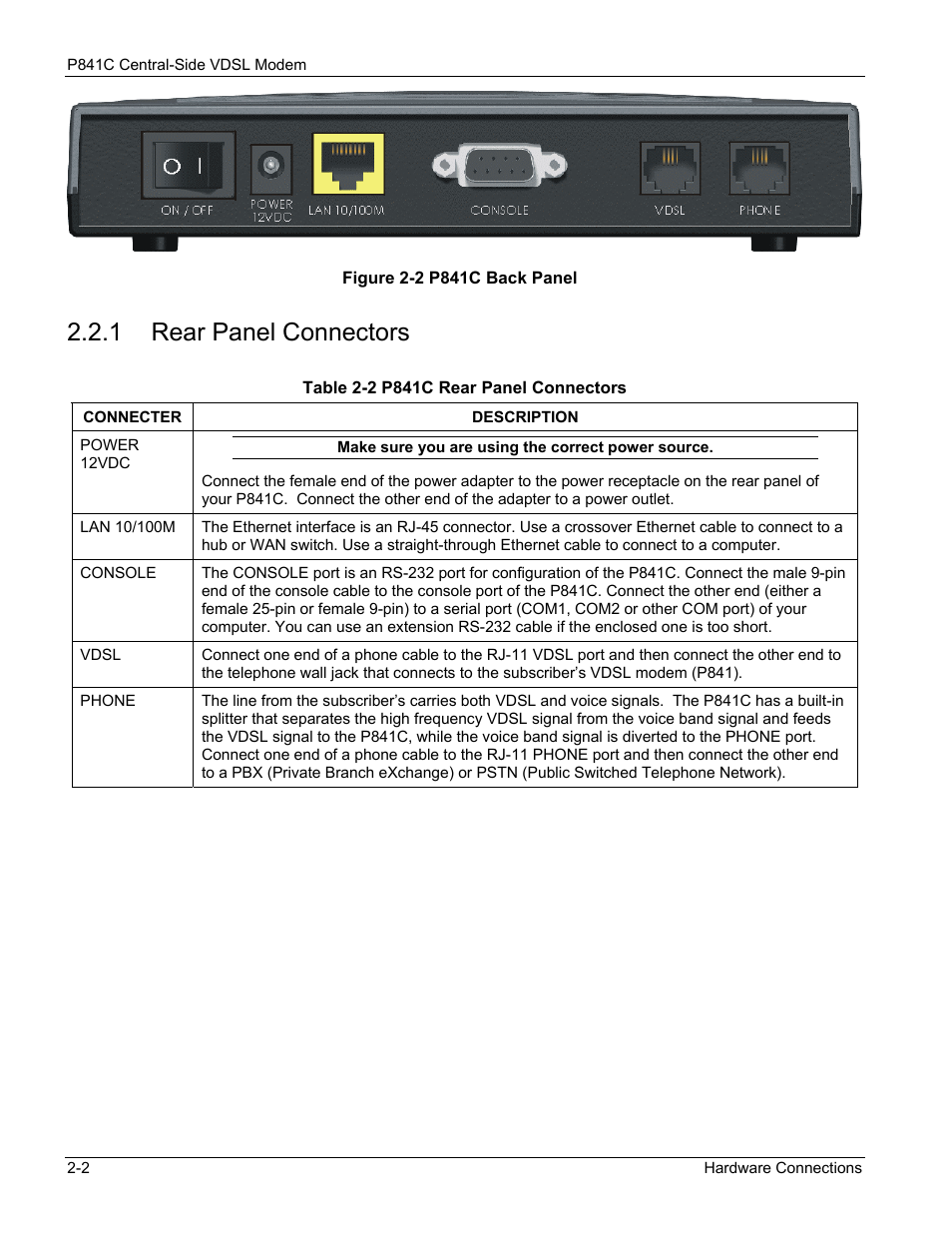 Rear panel connectors, 1 rear panel connectors | ZyXEL Communications P841C User Manual | Page 14 / 41