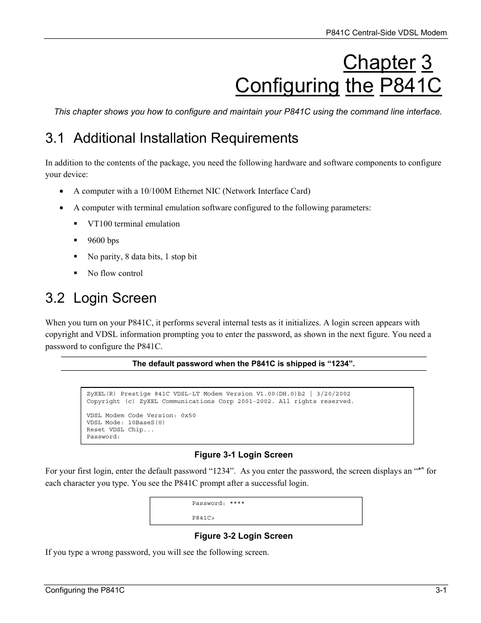 Configuring the p841c, Additional installation requirements, Login screen | Chapter 3 configuring the p841c, 1 additional installation requirements, 2 login screen | ZyXEL Communications P841C User Manual | Page 15 / 41