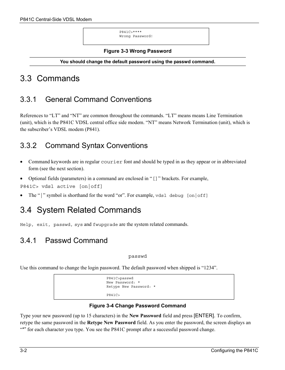 Commands, General command conventions, Command syntax conventions | System related commands, Passwd command, 3 commands, 4 system related commands, 1 general command conventions, 2 command syntax conventions, 1 passwd command | ZyXEL Communications P841C User Manual | Page 16 / 41
