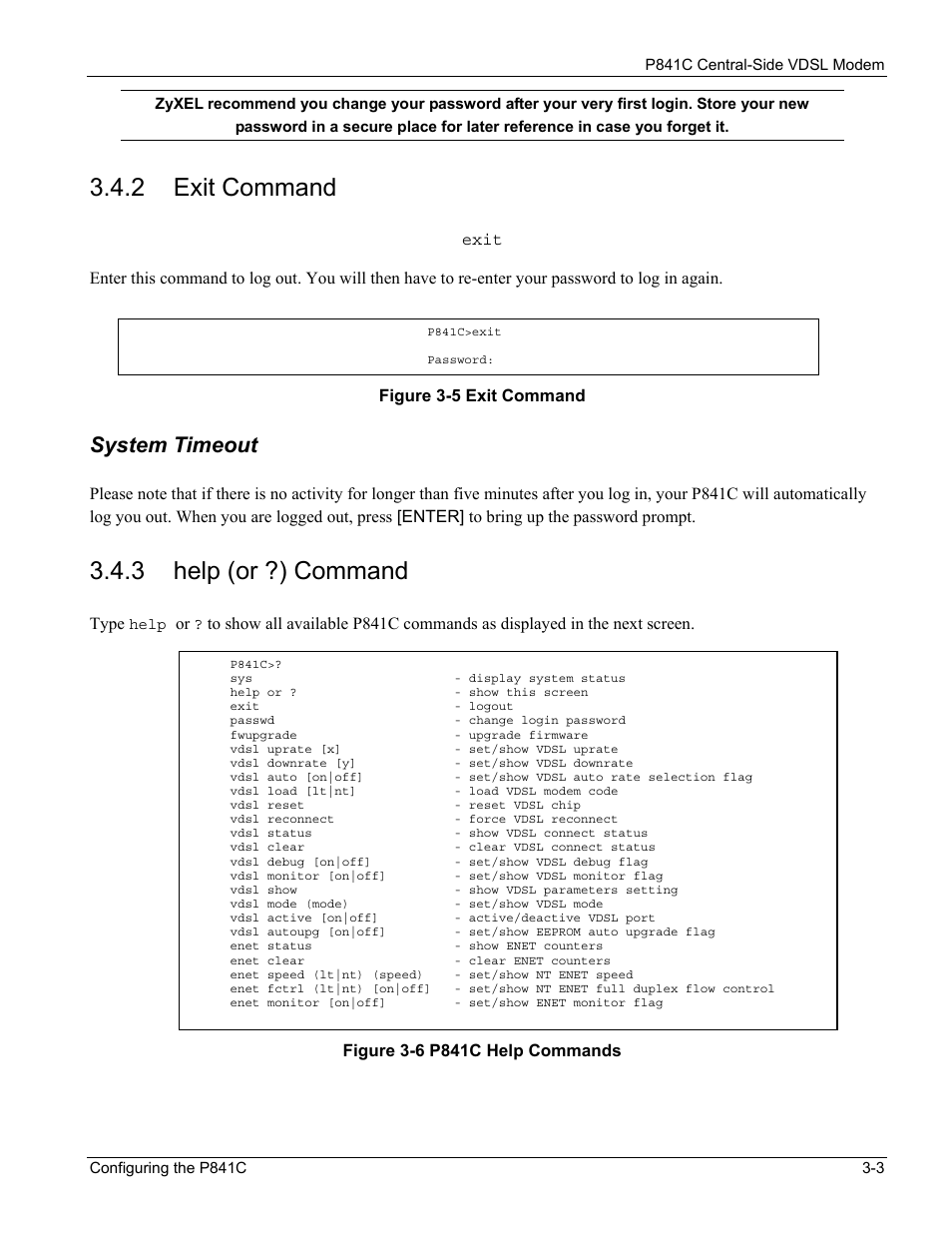 Exit command, Help (or ?) command, 2 exit command | 3 help (or ?) command, System timeout | ZyXEL Communications P841C User Manual | Page 17 / 41