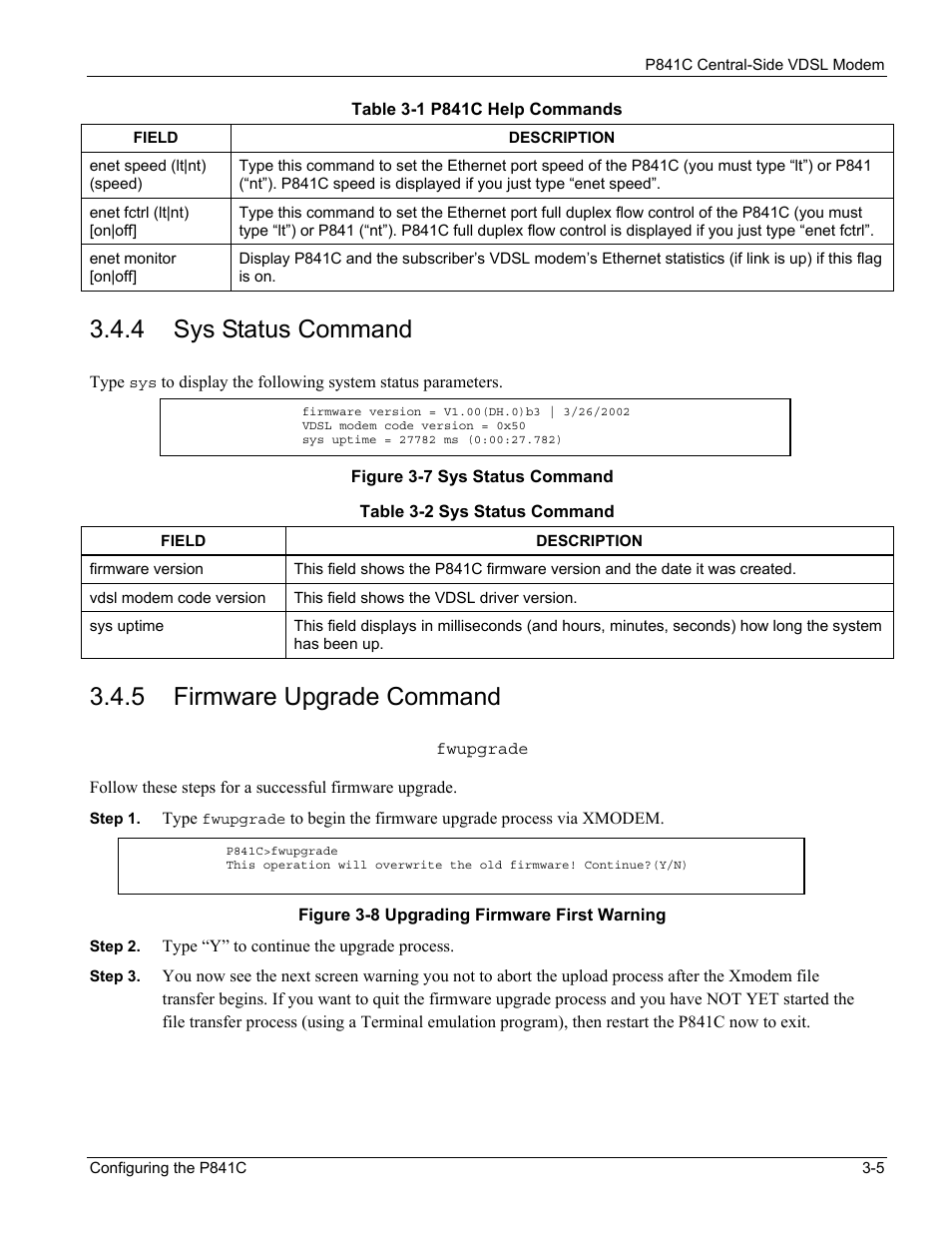 Sys status command, Firmware upgrade command, 4 sys status command | 5 firmware upgrade command | ZyXEL Communications P841C User Manual | Page 19 / 41