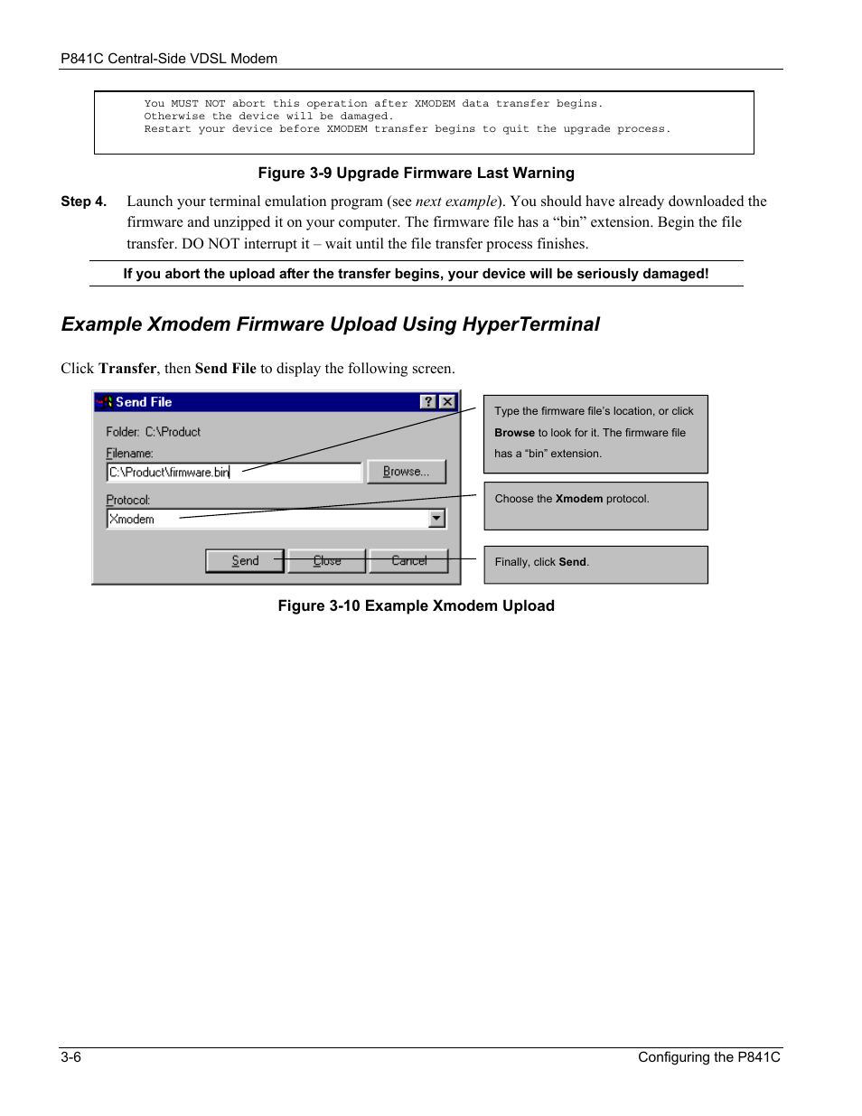 Example xmodem firmware upload using hyperterminal | ZyXEL Communications P841C User Manual | Page 20 / 41