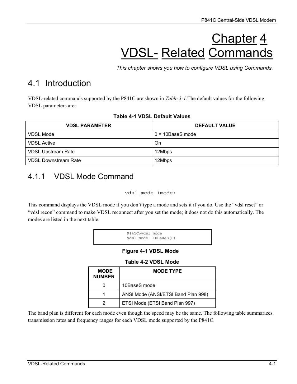 Vdsl- related commands, Introduction, Vdsl mode command | Chapter 4 vdsl- related commands, 1 introduction, 1 vdsl mode command | ZyXEL Communications P841C User Manual | Page 21 / 41