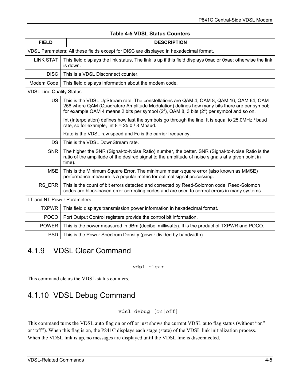 Vdsl clear command, Vdsl debug command, 9 vdsl clear command | 10 vdsl debug command | ZyXEL Communications P841C User Manual | Page 25 / 41