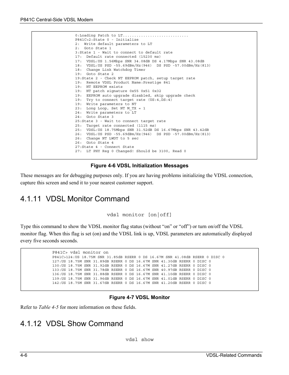 Vdsl monitor command, Vdsl show command, 11 vdsl monitor command | 12 vdsl show command | ZyXEL Communications P841C User Manual | Page 26 / 41
