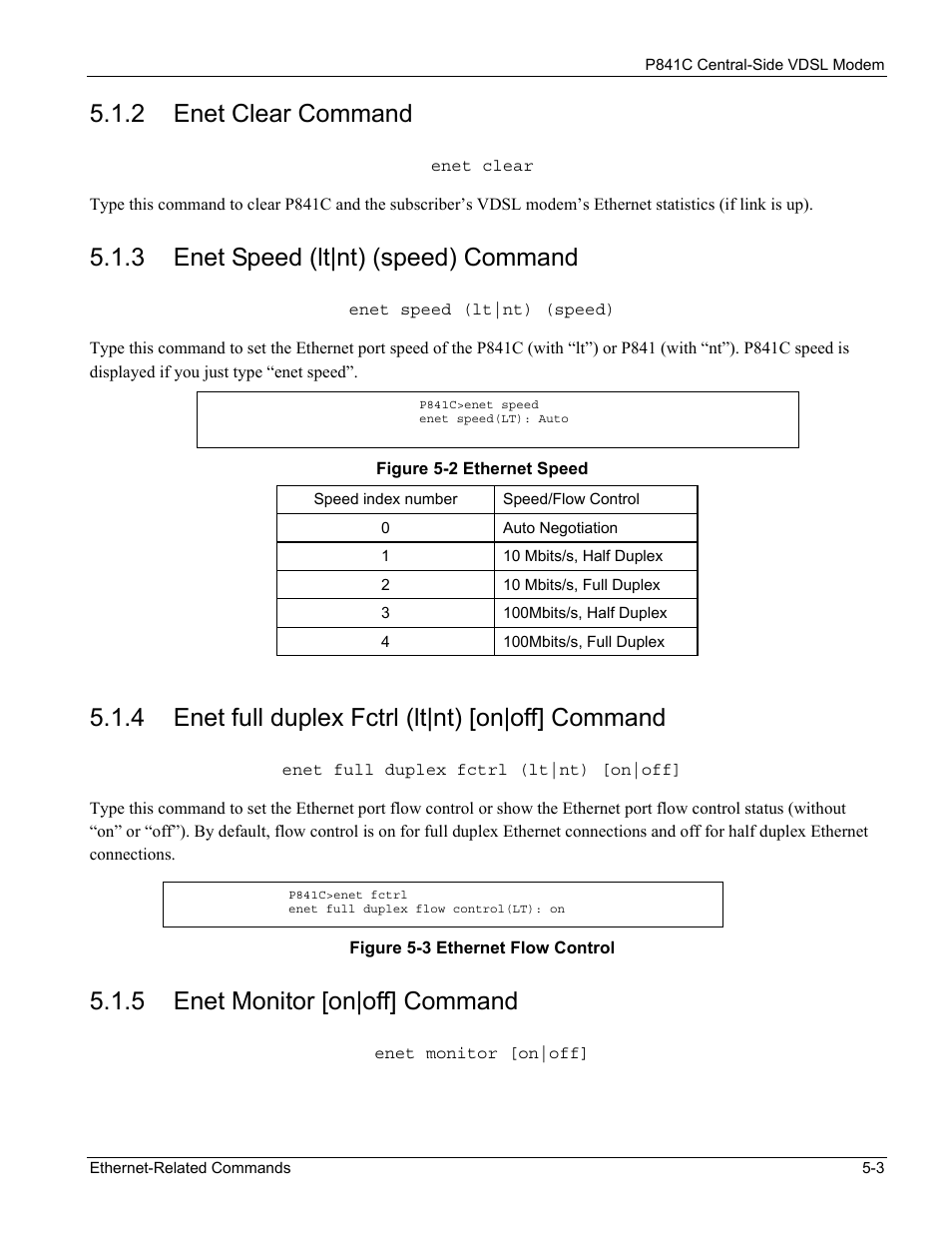 Enet clear command, Enet speed (lt|nt) (speed) command, Enet full duplex fctrl (lt|nt) [on|off] command | Enet monitor [on|off] command, 2 enet clear command, 3 enet speed (lt|nt) (speed) command, 4 enet full duplex fctrl (lt|nt) [on|off] command, 5 enet monitor [on|off] command | ZyXEL Communications P841C User Manual | Page 31 / 41