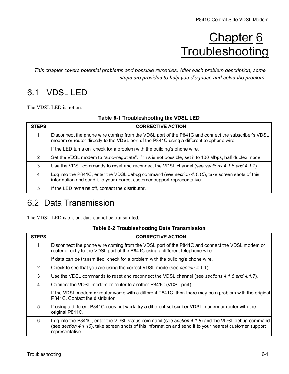 Troubleshooting, Vdsl led, Data transmission | Chapter 6 troubleshooting, 1 vdsl led, 2 data transmission | ZyXEL Communications P841C User Manual | Page 33 / 41