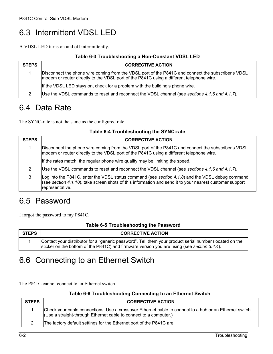 Intermittent vdsl led, Data rate, Password | Connecting to an ethernet switch, 3 intermittent vdsl led, 4 data rate, 5 password, 6 connecting to an ethernet switch | ZyXEL Communications P841C User Manual | Page 34 / 41