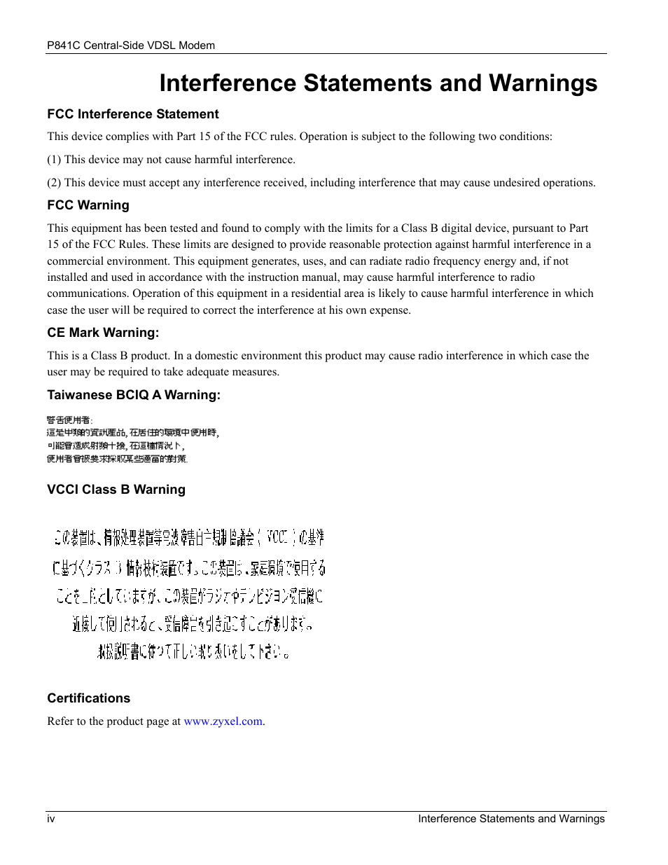 Interference statements and warnings | ZyXEL Communications P841C User Manual | Page 4 / 41