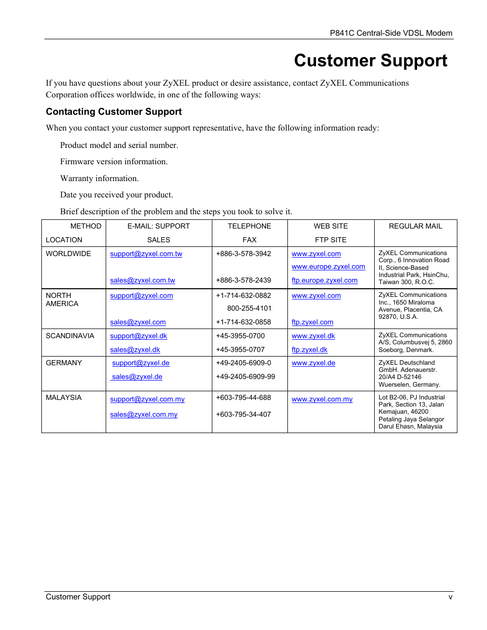 Customer support | ZyXEL Communications P841C User Manual | Page 5 / 41