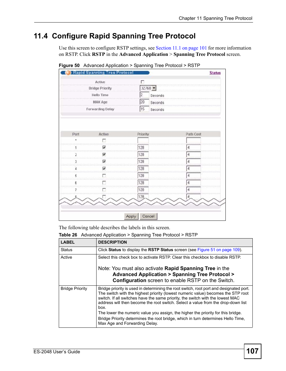 4 configure rapid spanning tree protocol | ZyXEL Communications ZyXEL Dimension ES-2048 User Manual | Page 107 / 306