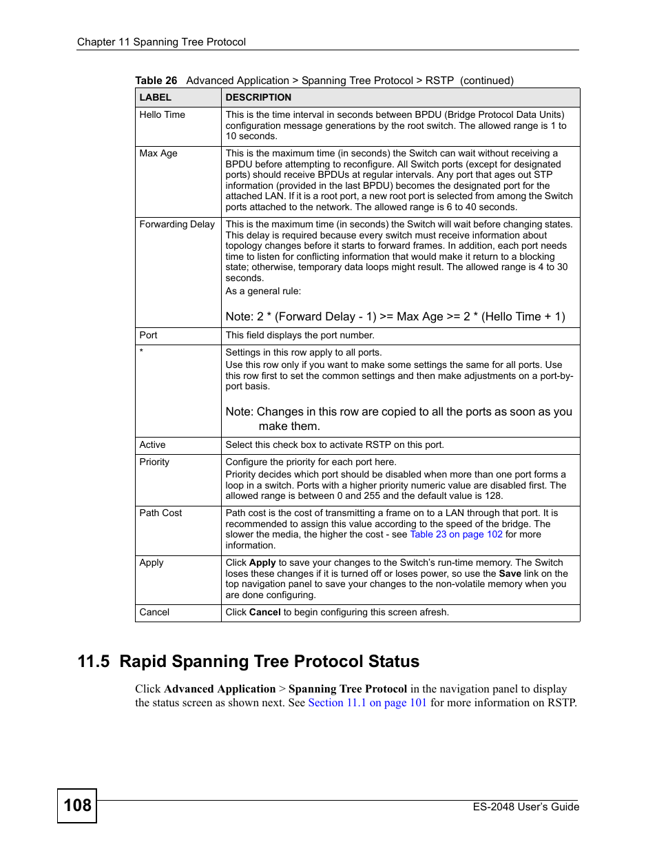 5 rapid spanning tree protocol status | ZyXEL Communications ZyXEL Dimension ES-2048 User Manual | Page 108 / 306