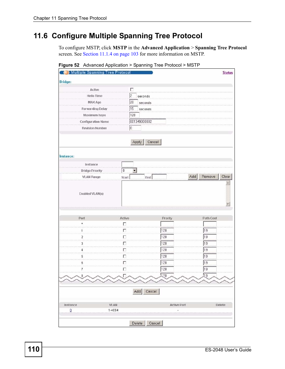 6 configure multiple spanning tree protocol | ZyXEL Communications ZyXEL Dimension ES-2048 User Manual | Page 110 / 306