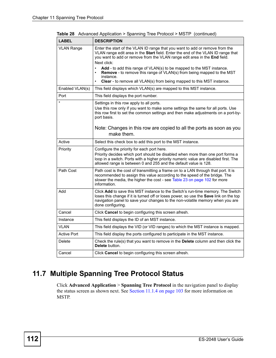 7 multiple spanning tree protocol status | ZyXEL Communications ZyXEL Dimension ES-2048 User Manual | Page 112 / 306