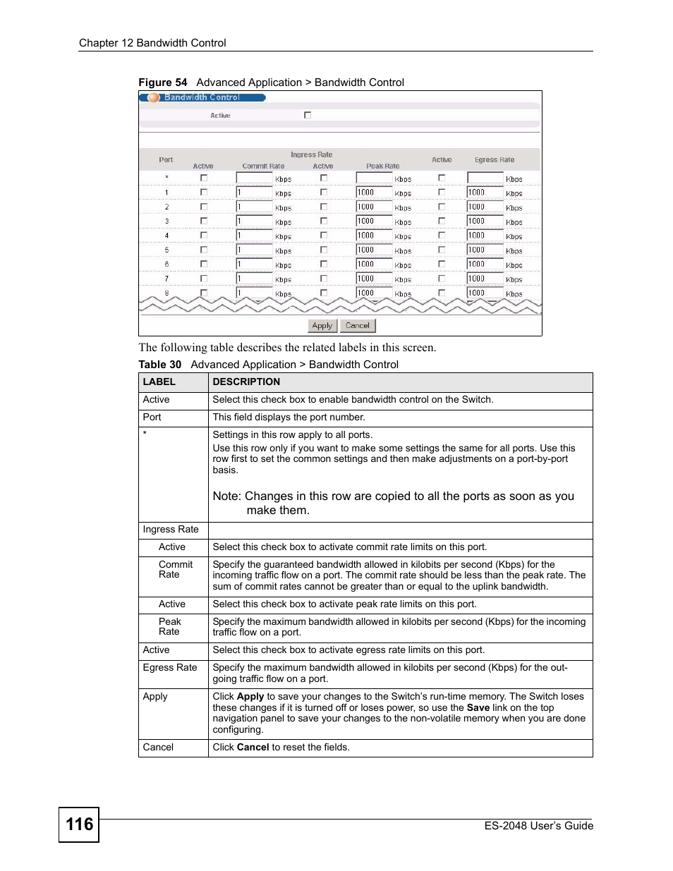 Figure 54 advanced application > bandwidth control, Table 30 advanced application > bandwidth control | ZyXEL Communications ZyXEL Dimension ES-2048 User Manual | Page 116 / 306