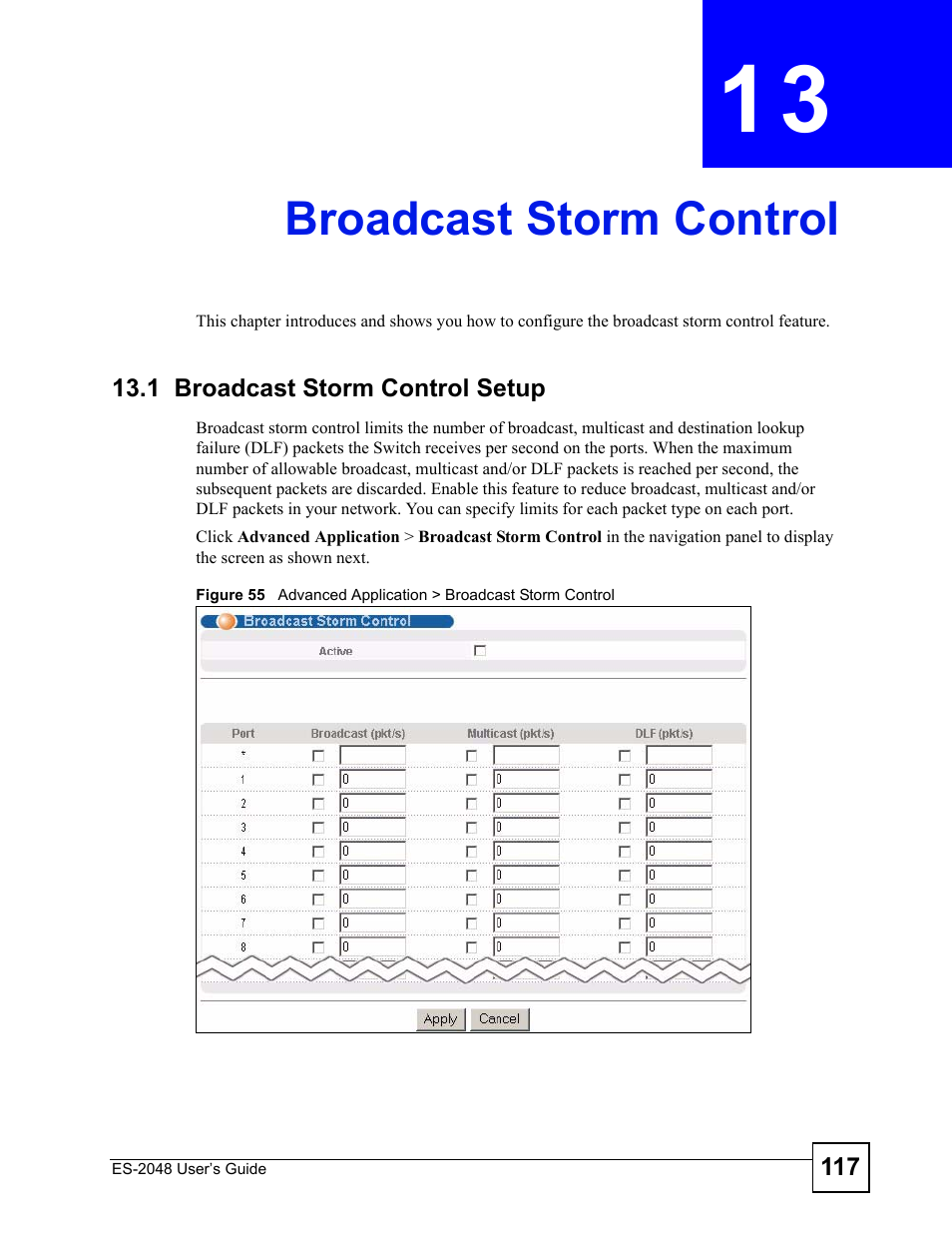 Broadcast storm control, 1 broadcast storm control setup, Chapter 13 broadcast storm control | Broadcast storm control (117) | ZyXEL Communications ZyXEL Dimension ES-2048 User Manual | Page 117 / 306