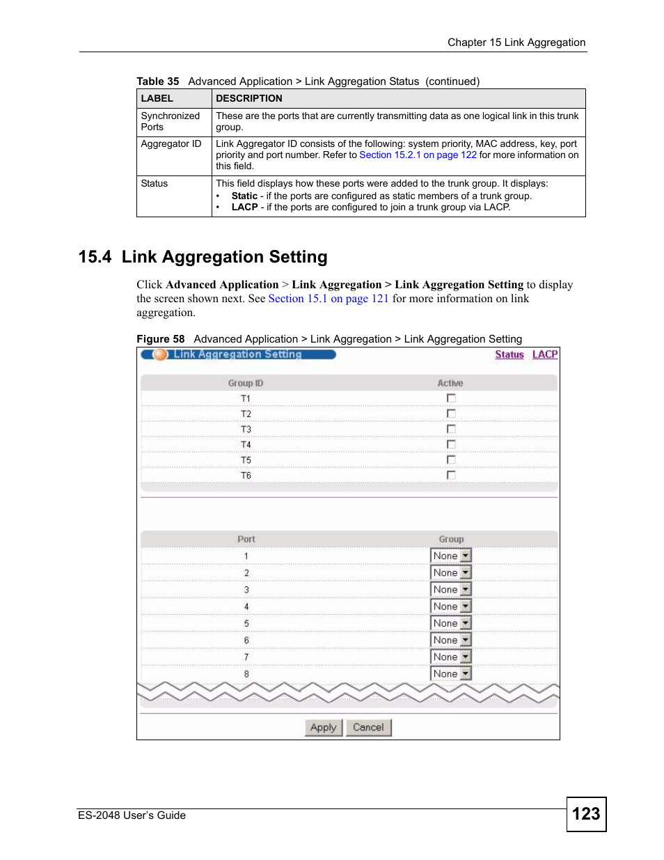 4 link aggregation setting | ZyXEL Communications ZyXEL Dimension ES-2048 User Manual | Page 123 / 306