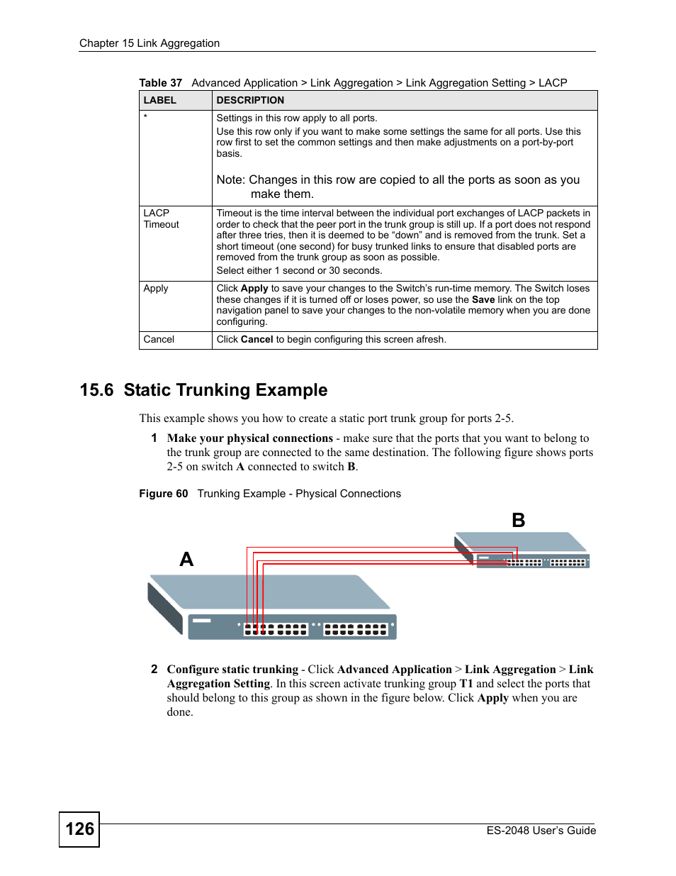6 static trunking example, Figure 60 trunking example - physical connections | ZyXEL Communications ZyXEL Dimension ES-2048 User Manual | Page 126 / 306