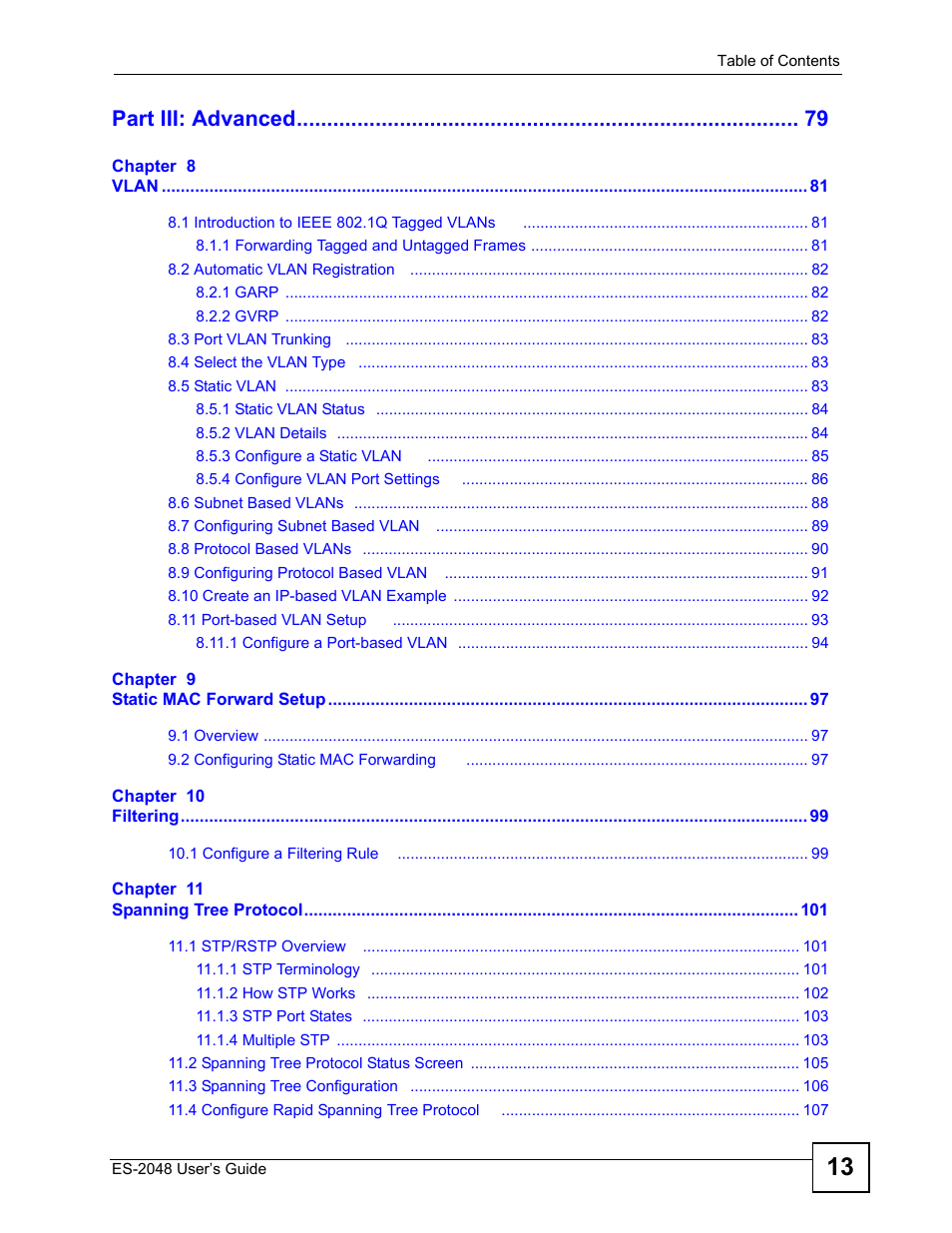 Part iii: advanced | ZyXEL Communications ZyXEL Dimension ES-2048 User Manual | Page 13 / 306