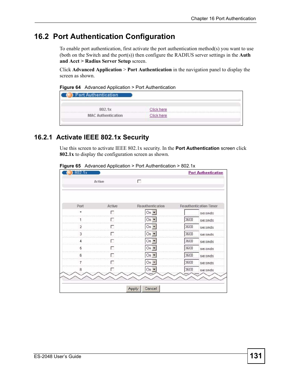 2 port authentication configuration, 1 activate ieee 802.1x security | ZyXEL Communications ZyXEL Dimension ES-2048 User Manual | Page 131 / 306