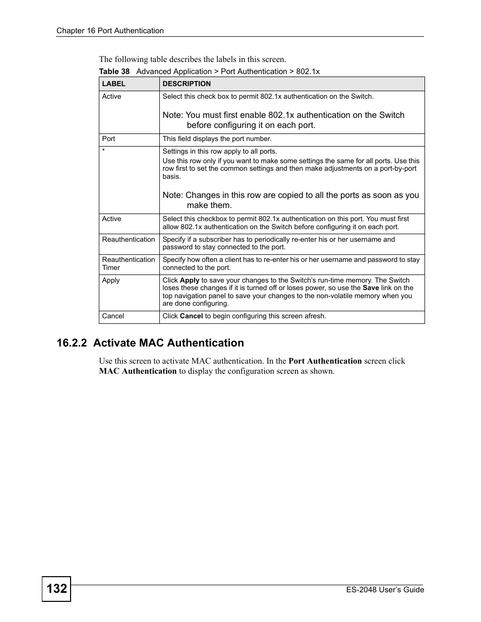 2 activate mac authentication | ZyXEL Communications ZyXEL Dimension ES-2048 User Manual | Page 132 / 306