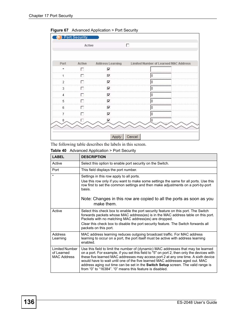 Figure 67 advanced application > port security, Table 40 advanced application > port security | ZyXEL Communications ZyXEL Dimension ES-2048 User Manual | Page 136 / 306