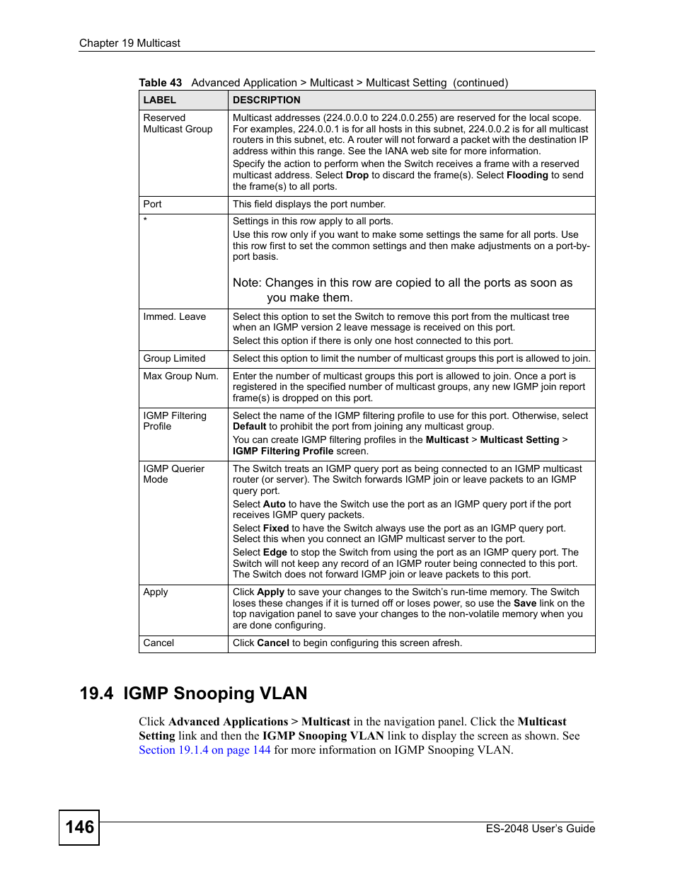 4 igmp snooping vlan | ZyXEL Communications ZyXEL Dimension ES-2048 User Manual | Page 146 / 306