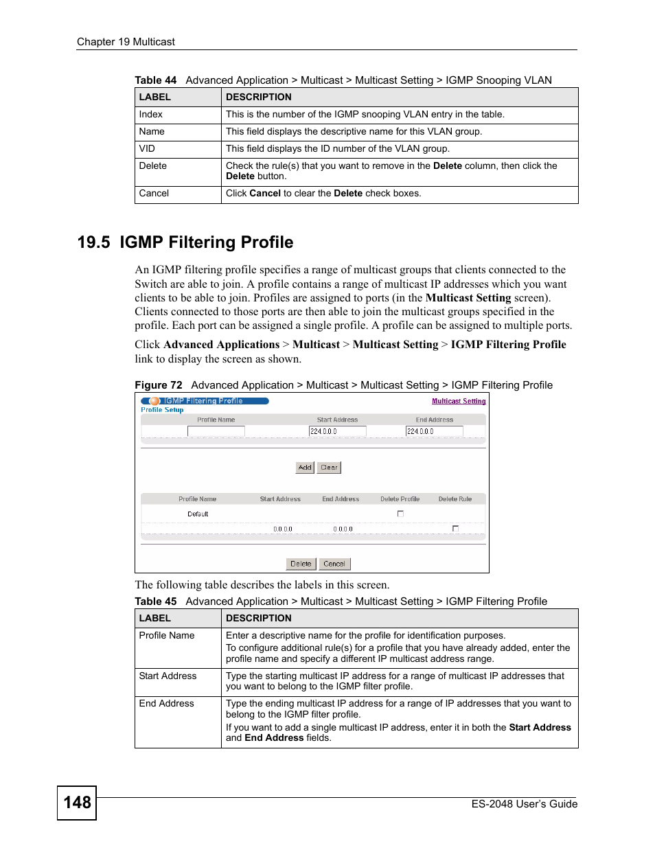 5 igmp filtering profile | ZyXEL Communications ZyXEL Dimension ES-2048 User Manual | Page 148 / 306