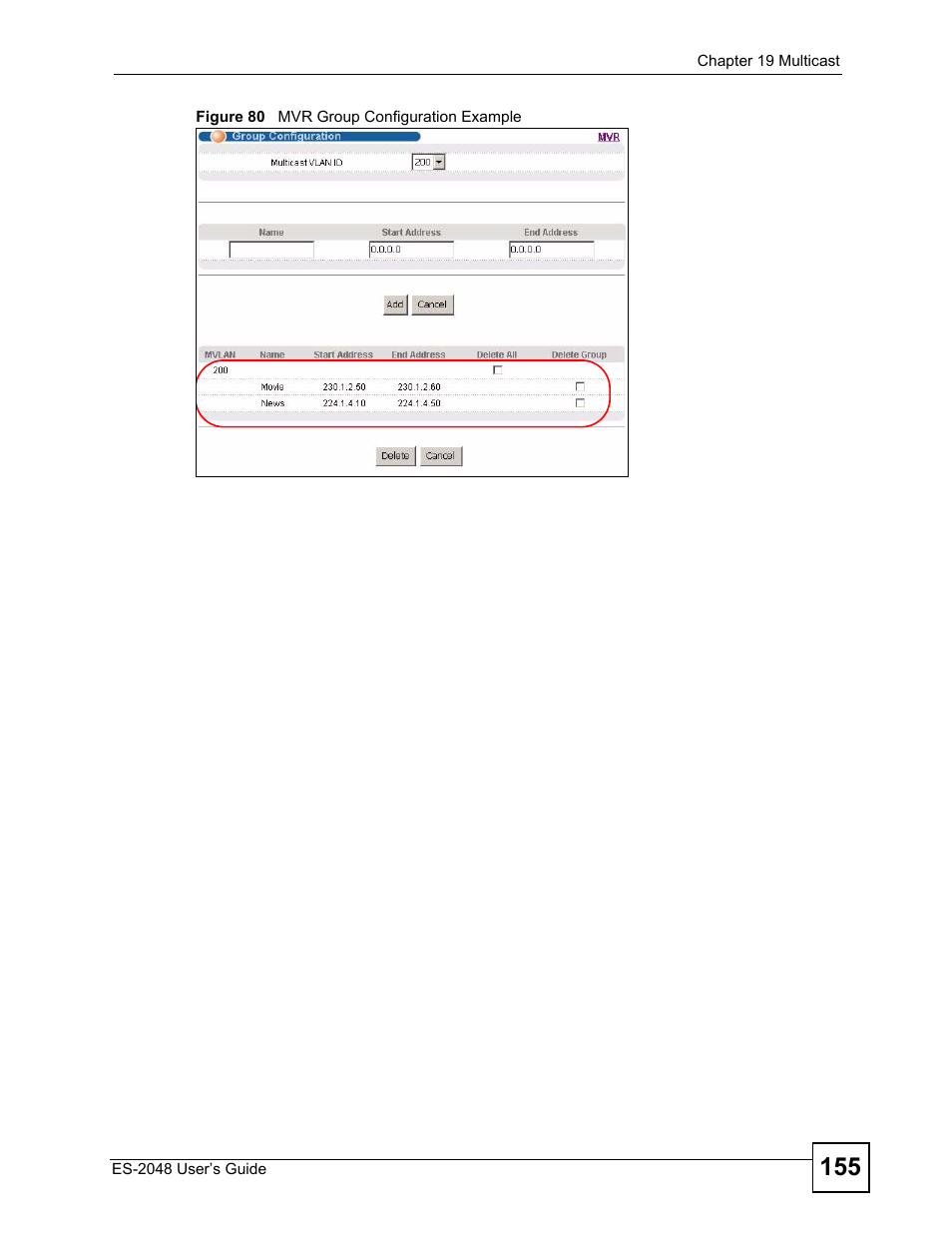 Figure 80 mvr group configuration example | ZyXEL Communications ZyXEL Dimension ES-2048 User Manual | Page 155 / 306