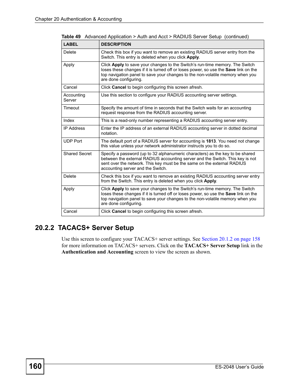 2 tacacs+ server setup | ZyXEL Communications ZyXEL Dimension ES-2048 User Manual | Page 160 / 306