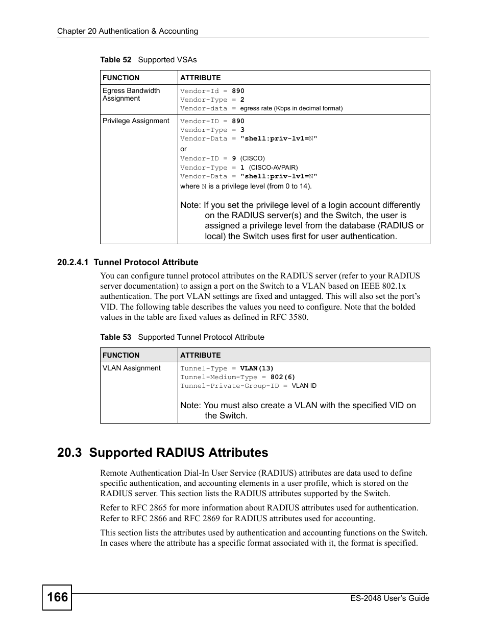 3 supported radius attributes, Table 53 supported tunnel protocol attribute | ZyXEL Communications ZyXEL Dimension ES-2048 User Manual | Page 166 / 306