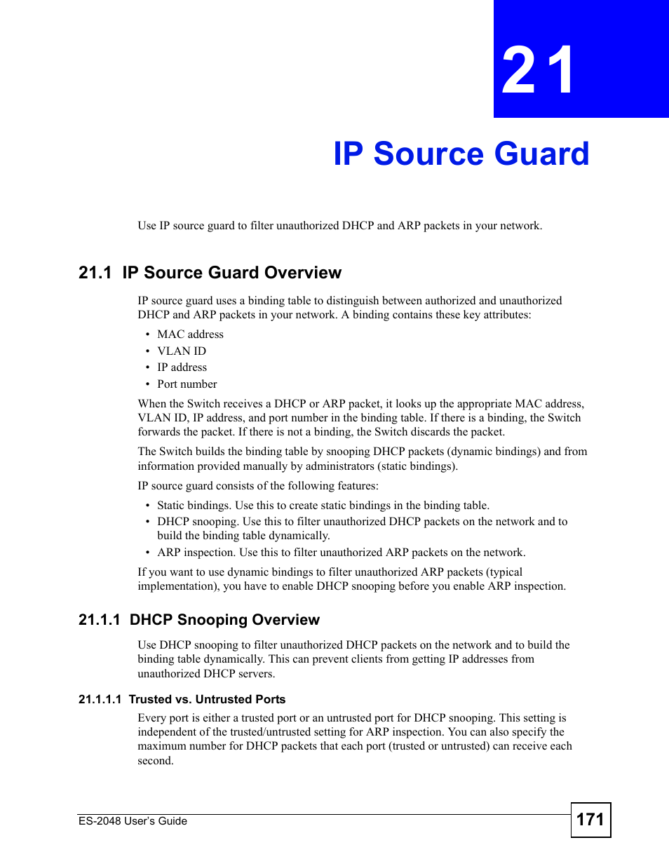 Ip source guard, 1 ip source guard overview, 1 dhcp snooping overview | Chapter 21 ip source guard, Ip source guard (171) | ZyXEL Communications ZyXEL Dimension ES-2048 User Manual | Page 171 / 306