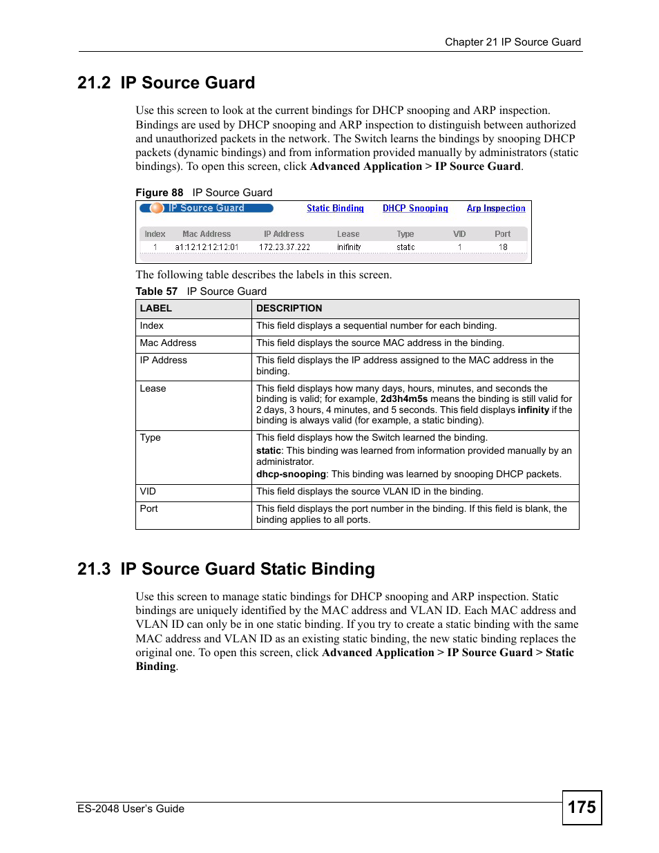 2 ip source guard, 3 ip source guard static binding, Figure 88 ip source guard | Table 57 ip source guard | ZyXEL Communications ZyXEL Dimension ES-2048 User Manual | Page 175 / 306