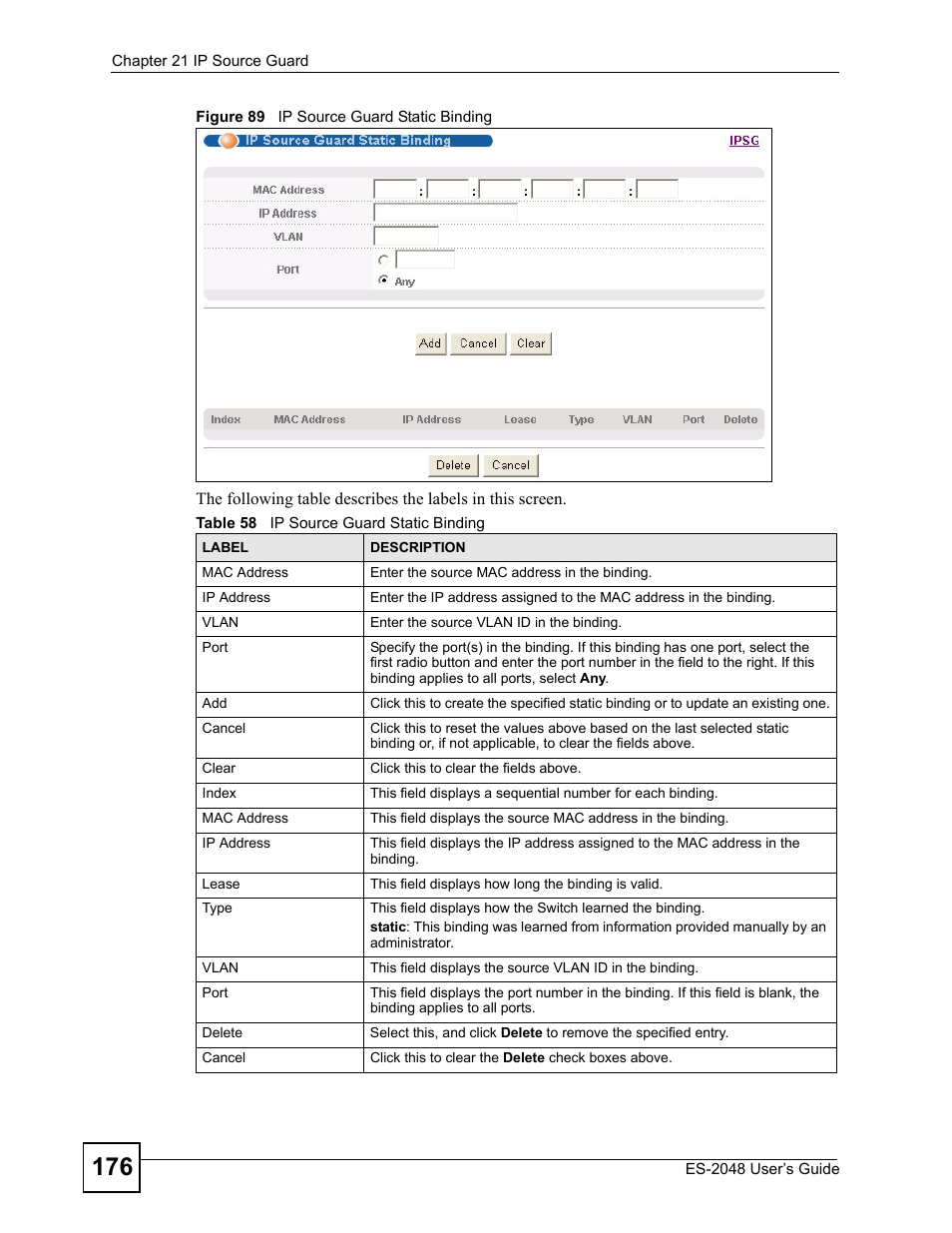 Figure 89 ip source guard static binding, Table 58 ip source guard static binding | ZyXEL Communications ZyXEL Dimension ES-2048 User Manual | Page 176 / 306