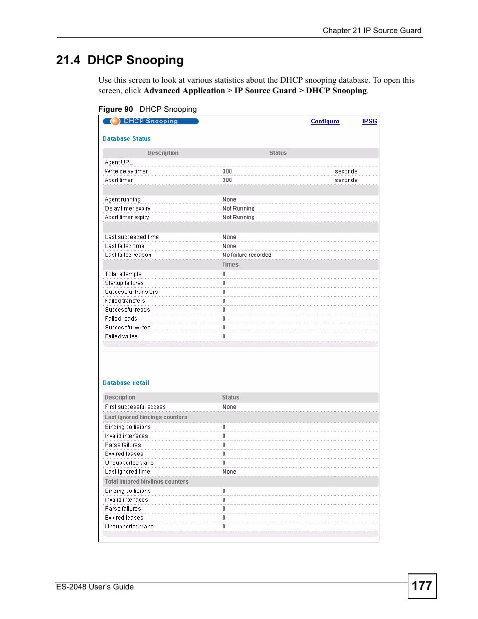 4 dhcp snooping, Figure 90 dhcp snooping | ZyXEL Communications ZyXEL Dimension ES-2048 User Manual | Page 177 / 306