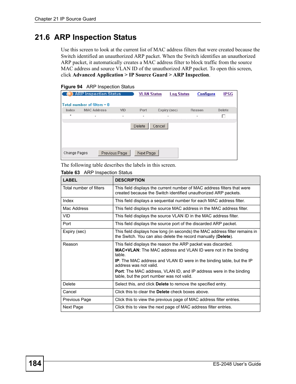 6 arp inspection status, Figure 94 arp inspection status, Table 63 arp inspection status | ZyXEL Communications ZyXEL Dimension ES-2048 User Manual | Page 184 / 306