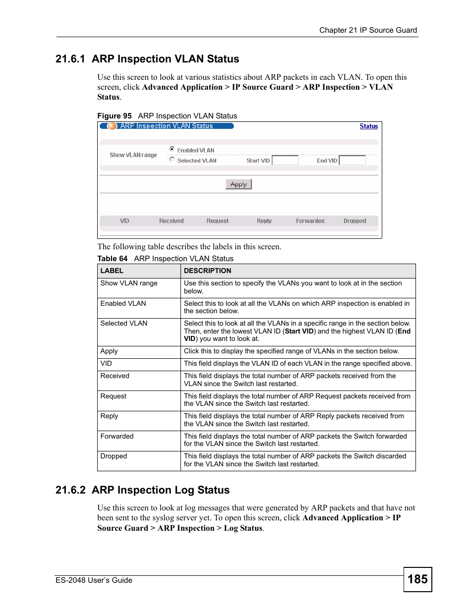 1 arp inspection vlan status, 2 arp inspection log status, Figure 95 arp inspection vlan status | Table 64 arp inspection vlan status | ZyXEL Communications ZyXEL Dimension ES-2048 User Manual | Page 185 / 306