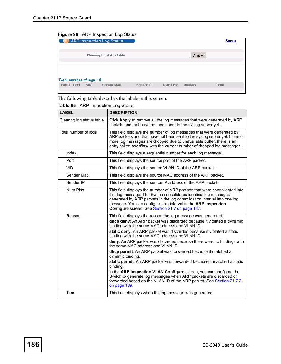 Figure 96 arp inspection log status, Table 65 arp inspection log status | ZyXEL Communications ZyXEL Dimension ES-2048 User Manual | Page 186 / 306