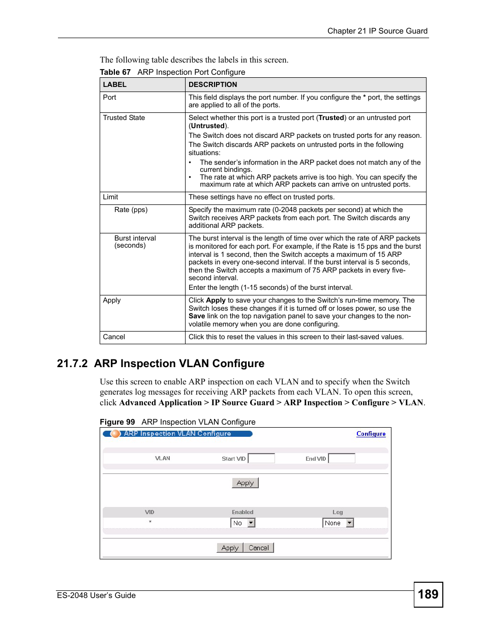 2 arp inspection vlan configure, Figure 99 arp inspection vlan configure, Table 67 arp inspection port configure | Section 21.7.2 | ZyXEL Communications ZyXEL Dimension ES-2048 User Manual | Page 189 / 306