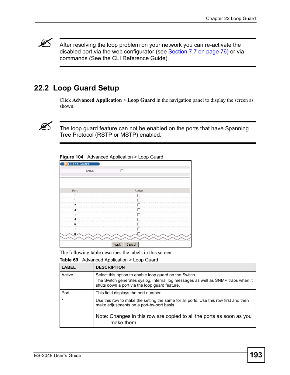 2 loop guard setup, Figure 104 advanced application > loop guard, Table 69 advanced application > loop guard | ZyXEL Communications ZyXEL Dimension ES-2048 User Manual | Page 193 / 306