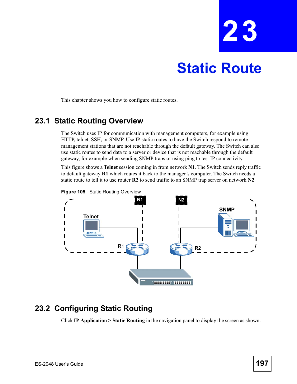Static route, 1 static routing overview, 2 configuring static routing | Chapter 23 static route, Figure 105 static routing overview | ZyXEL Communications ZyXEL Dimension ES-2048 User Manual | Page 197 / 306